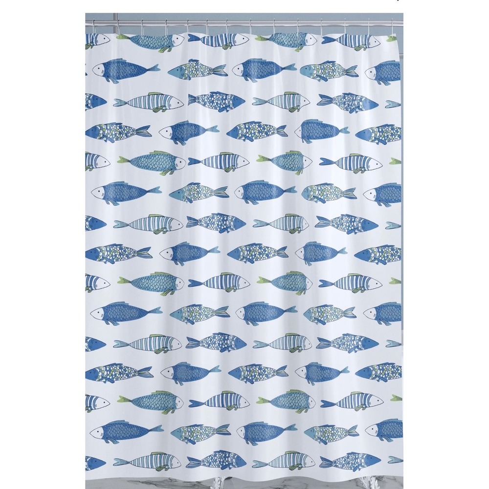 Levtex Home Catalina Fish Shower Curtain Blue Green White 100% Cotton 72x72 NWT